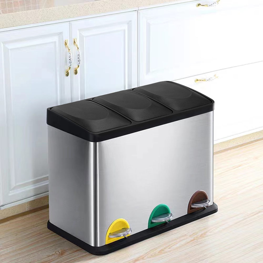 Rubbish Bin, Recycling For Kitchen, Stainless Triple Compartment Food Waste — image 4