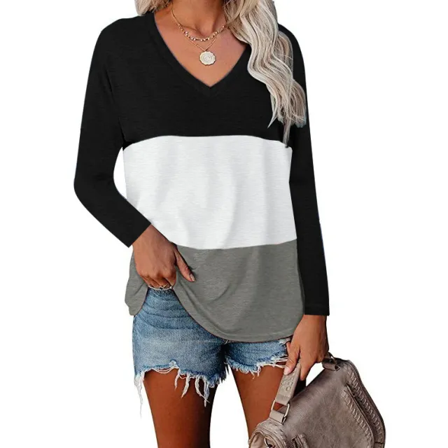 V neck Long Sleeve Patchwork T shirt Top White Grey - Shop at LoveMi