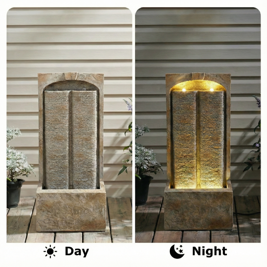 39 Inch Outdoor Water Fountain With Pump, Modern Cascading Freestanding Wall Fountain, Weather-Resistant Garden Water Feature With Warm White LED Lights, Outdoor Waterfall Fountain For Patio Porch Law — foto 4