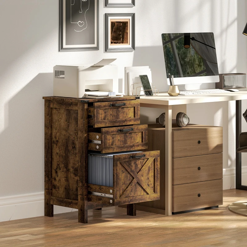 Vertical File Cabinet With 3 Drawers, Rustic Farmhouse Office Storage Cabinet For A4, Letter Size, Rustic Brown