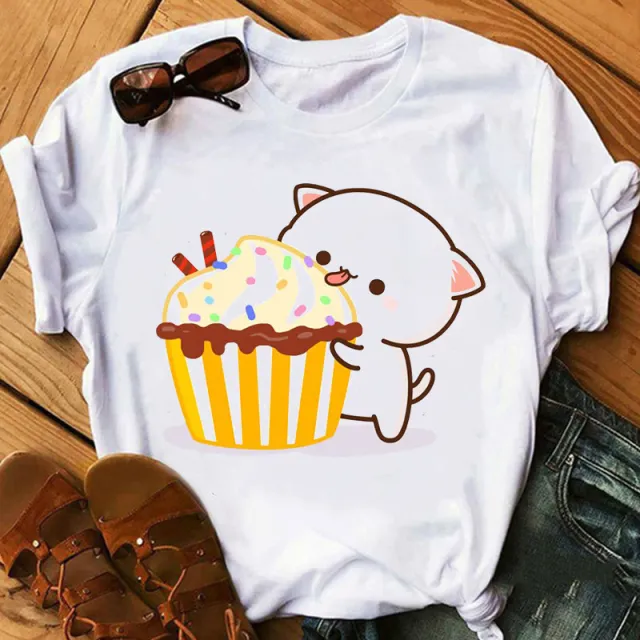 Cute Cartoon Cat Print Couple White T shirt Loose Round Neck 15 Style - Shop at LoveMi