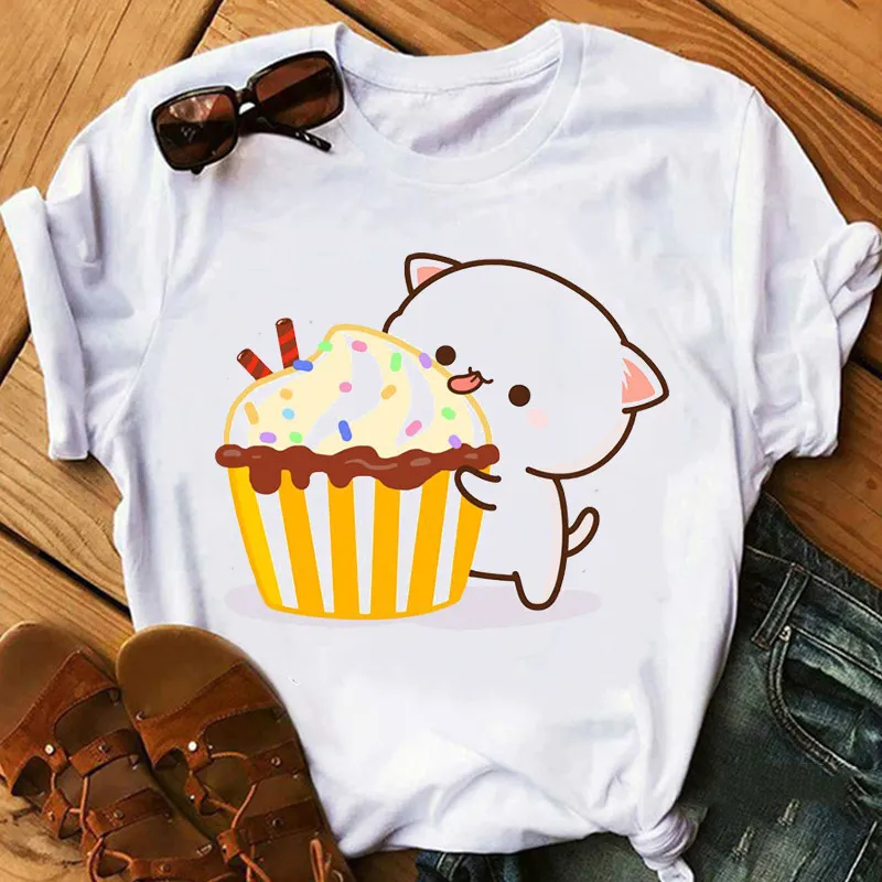 Cute Cartoon Cat Print Couple White T-shirt Loose Round Neck - 15 Style