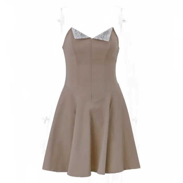 Lace Panel Ruffle Edge Slim Fit Bra Dress Khaki - Shop at LoveMi
