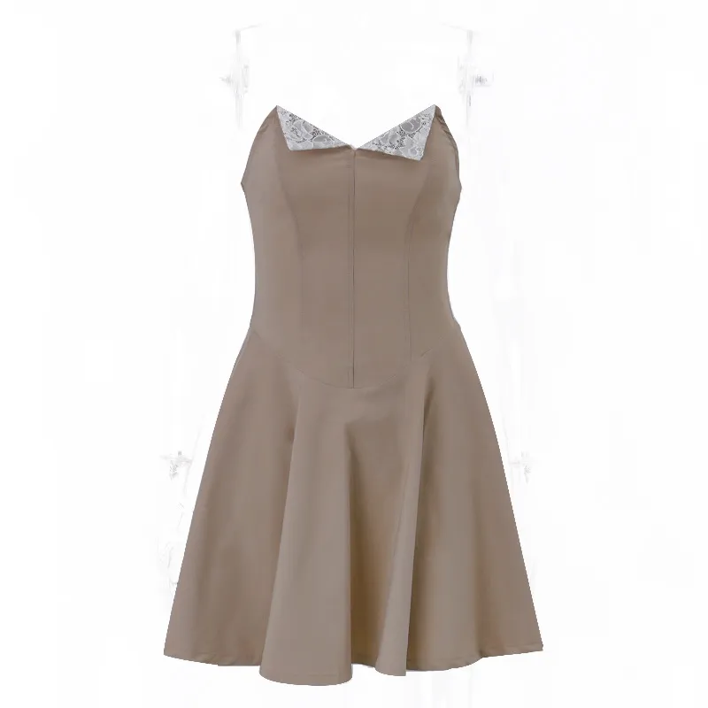 Lace Panel Ruffle Edge Slim Fit Bra Dress - Khaki