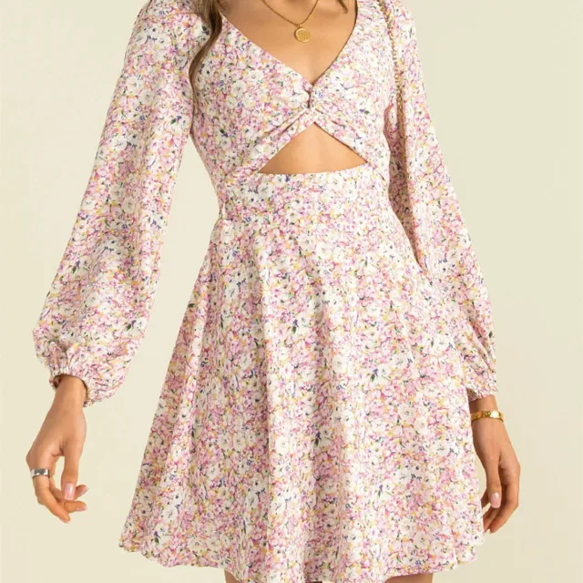 V neck Long sleeved Floral Dress Trendy Brand Fqon003 - Shop at LoveMi