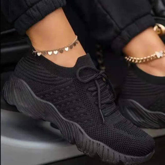 Tennis Female Fashion Women Large Size Platform Solid Color Lace up Flying Knitted Sneakers Outdoor Walking Shoes Black - Shop at LoveMi