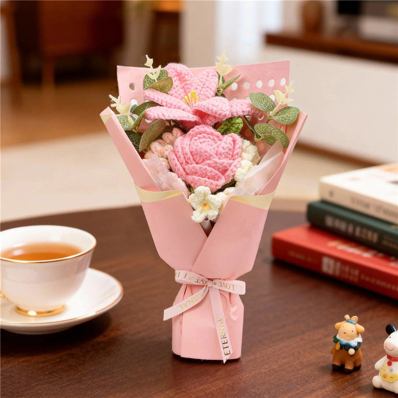 Handmade Crocheted Flower Bouquet, Pink Roses Matched With Knitted Lilies And White Tiny Flowers, Soft Yarn Everlasting Knitted Bouquet, Indoor Home Decorative