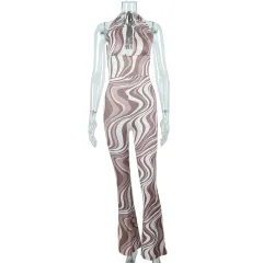 Digitally Printed V-neck Halter Jumpsuit Hip Lifting Slim Fitting All-in-one Pants - Colour - View 1