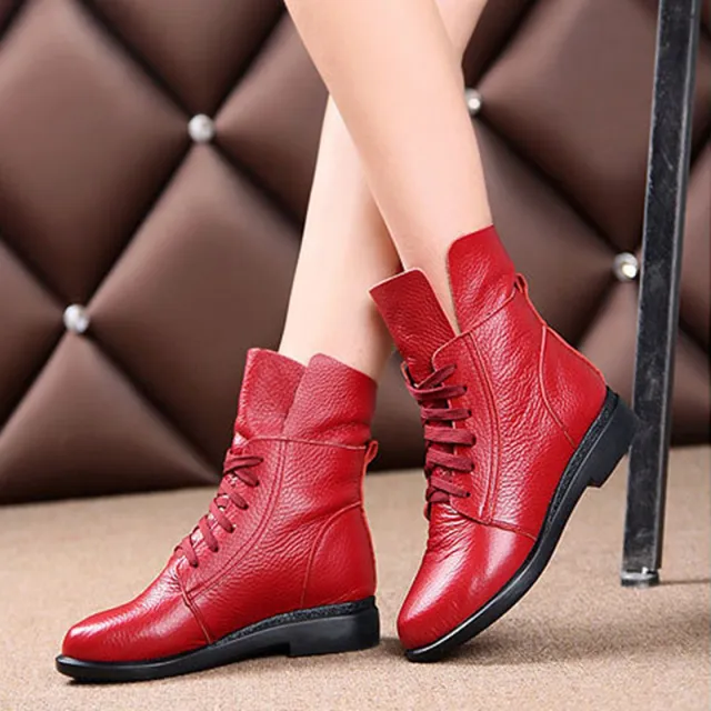 Casual Lace up Single Boots All match Flat Red Martin Boots Red - Shop at LoveMi