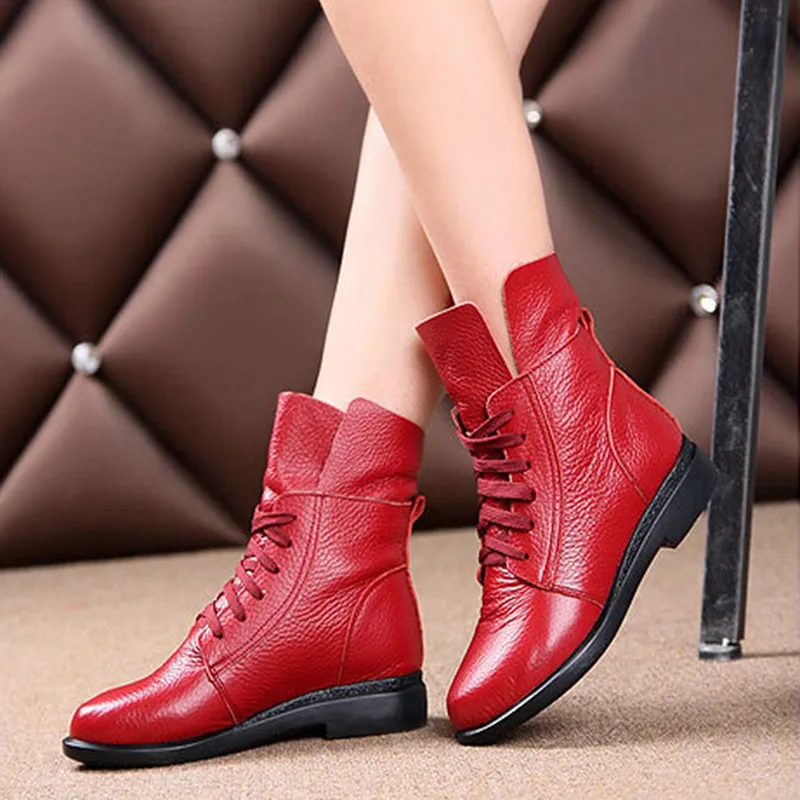 Casual Lace-up Single Boots All-match Flat Red Martin Boots - Red
