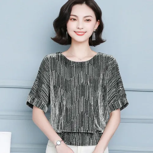 Bat Sleeve Loose T shirt Women's Short Sleeve Mesh Top Silver - Shop at LoveMi