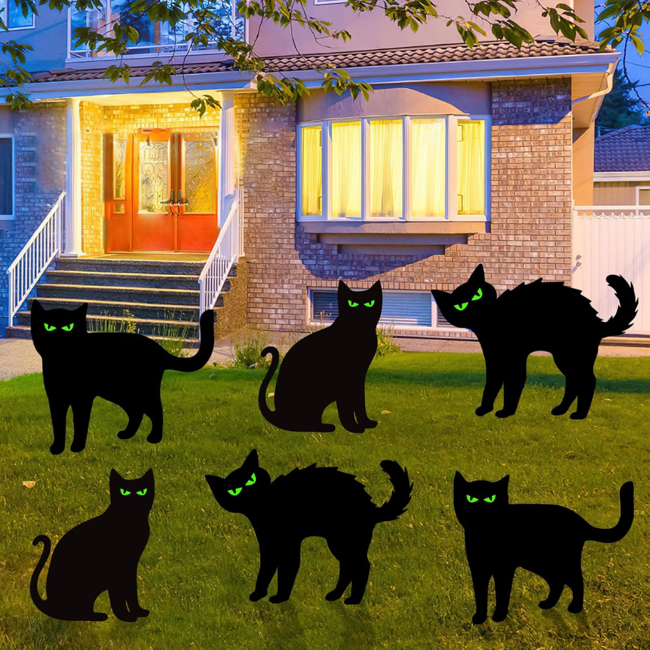 Halloween Decorations Outdoor 6 PCS Black Cat Yard Signs With Stakes Scary Silhouette With Glow In Eyes Waterproof For Y