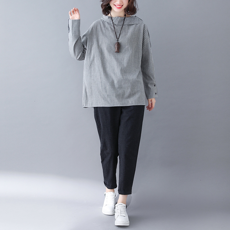 Western Style Lapel Striped Loose And Thin Long-sleeved Shirt