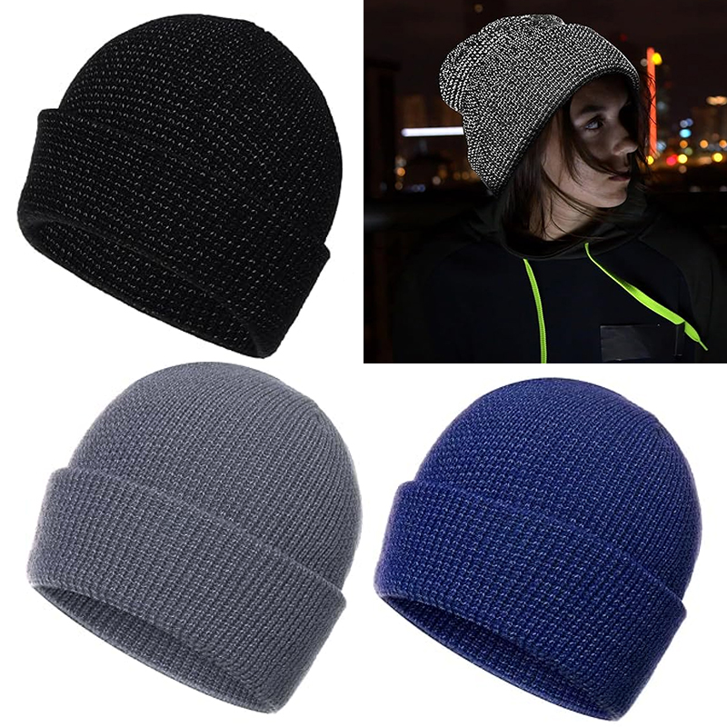 Black Winter Windproof Hat Knitted Reflective Beanie Thick Warm Cap — image 4