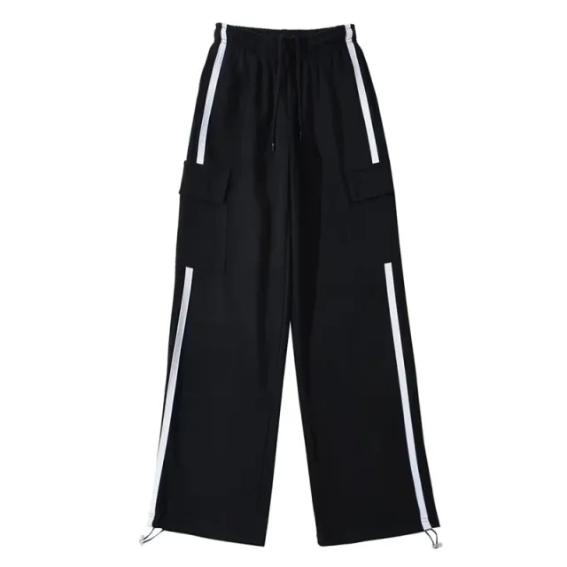 Side Stripe Stitching Women's Drawstring Pocket Casual Pants Bundle Feet Black - Shop at LoveMi