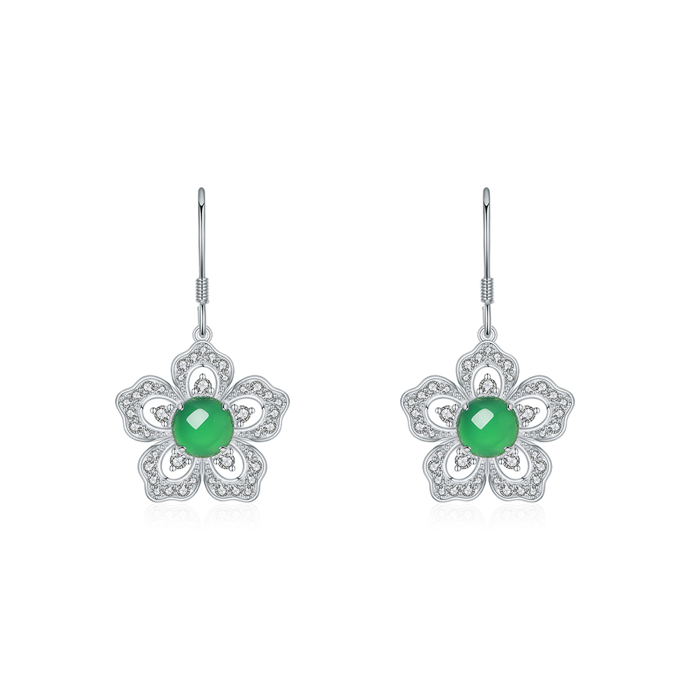 S925 Sterling Silver Flower Dangle Earrings, 6mm Round Green Chrysoprase, Platinum Plated Elegant Women's Jewelry With Gift Box