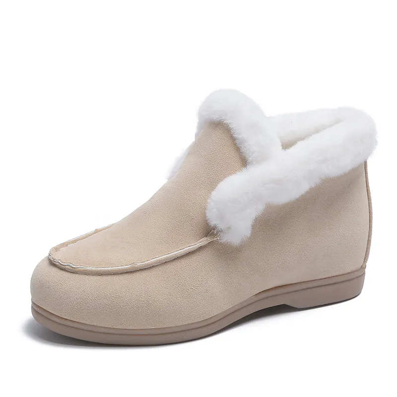 Ankle Snow Boots Warm Fur Suede Casual Flat Shoes Winter - Beige