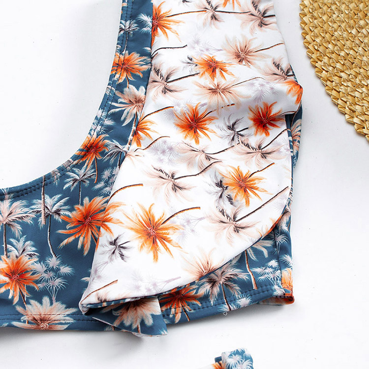 European And American Retro Print Ruffled Bikini Split Swimsuit