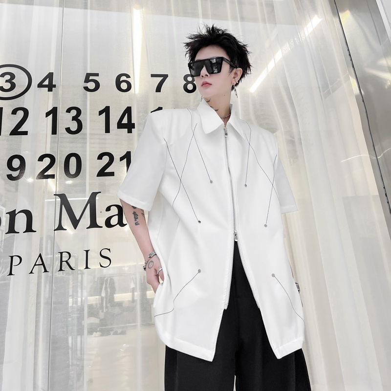 Dark Black Double Zip Shirt Short Sleeves