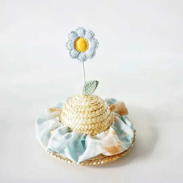 Cat Hat Bamboo Dragonfly Go Out Shade Photo Props Grass Hat Cream Blue Flowers - Shop at LoveMi