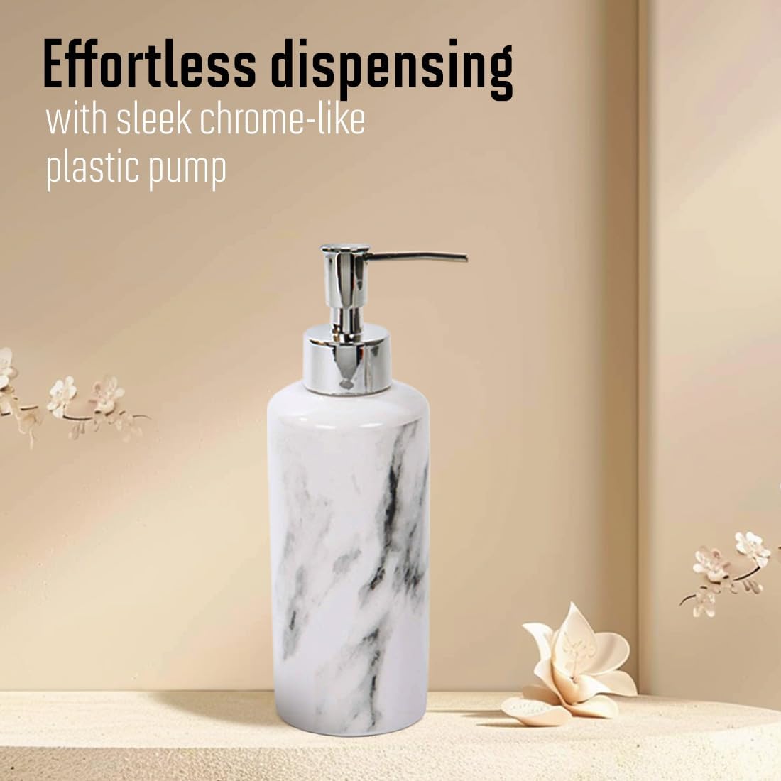 White Ceramic Soap And Lotion Dispenser 2.5x8 Inch, Marble Design Pump Bottle For Bathroom Kitchen Countertop Decor 2