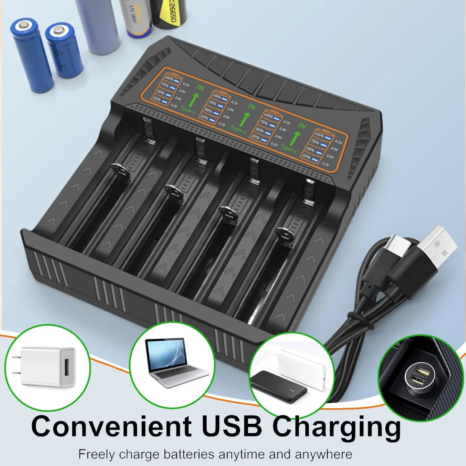 4-Slot LED Smart Battery Charger USB