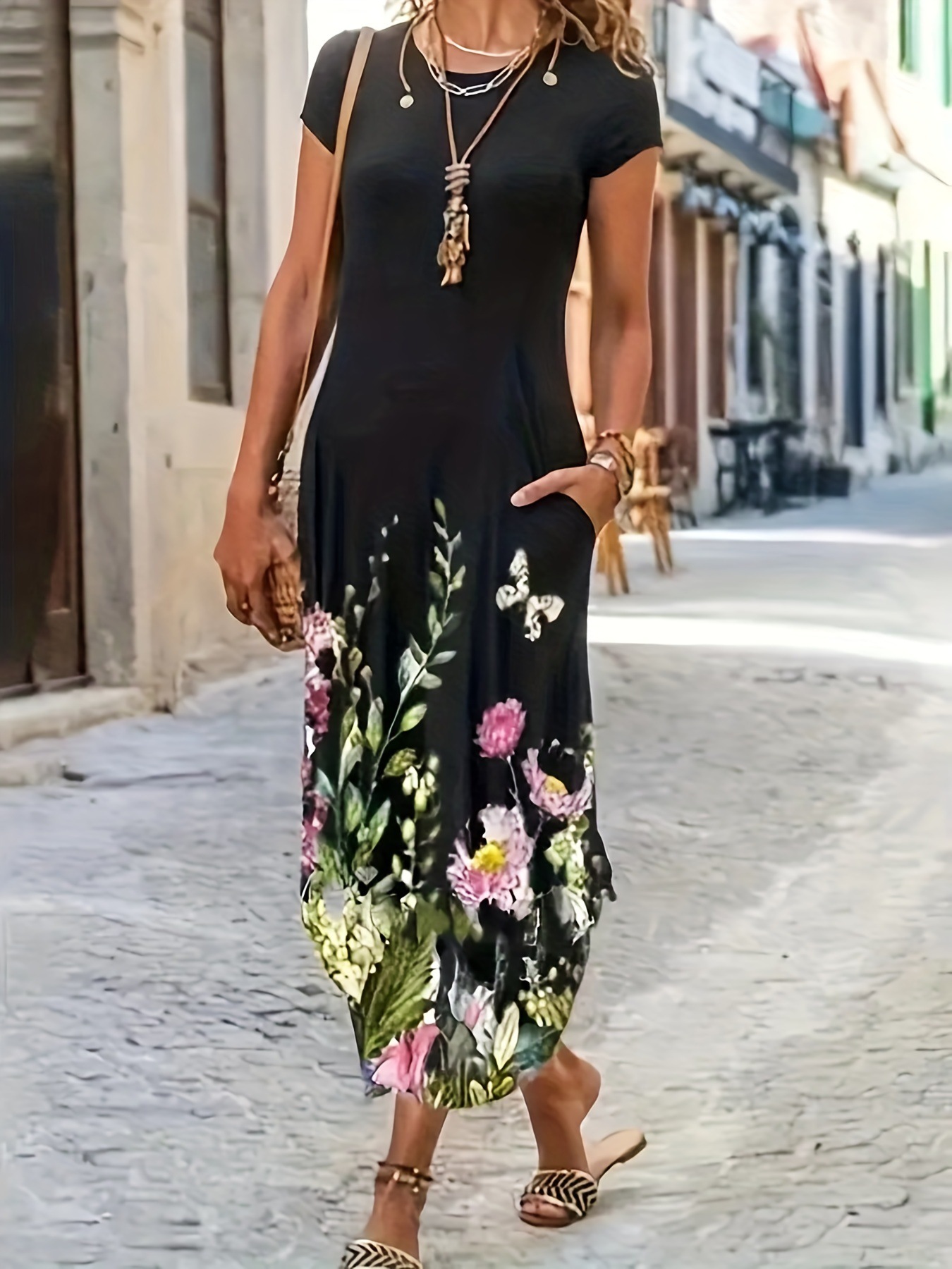 Floral Print Summer Maxi Dress with Pockets – 1