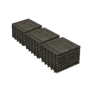 30 PCS Interlocking Deck Tiles Striped Pattern, 12inch X 12inch Dark Brown Square Acacia Hardwood Outdoor Flooring For Patio, Bancony, Pool Side