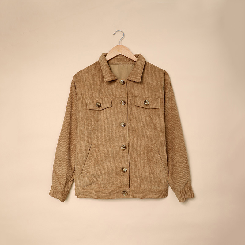 Pocket Button Casual Jacket Shirt Corduroy Khaki - Shop at LoveMi