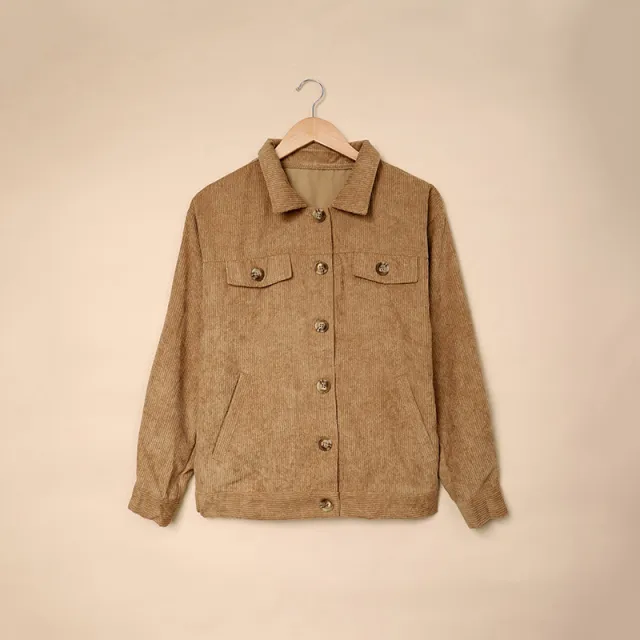 Pocket Button Casual Jacket Shirt Corduroy Khaki - Shop at LoveMi