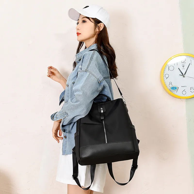 Backpack Women Oxford Cloth Travel Backpack Canvas Fashion Contrast Colour Ladies - Black