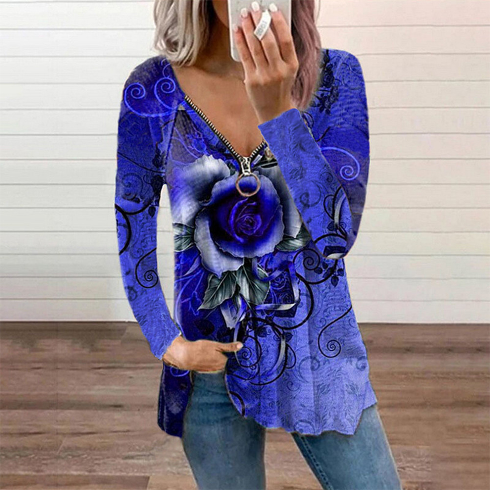 Title 6, Fashion Print V-Neck Long Sleeve Zip Casual Loo...