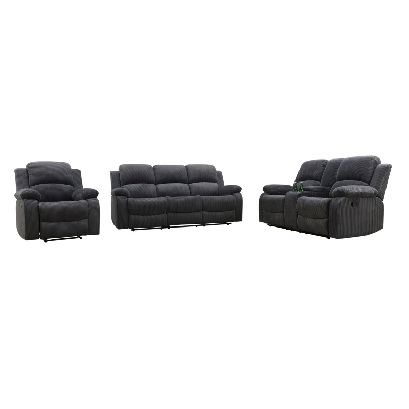 Pickup Only--Dark Grey Corduroy 3-Piece Living Room Recliner Sofa