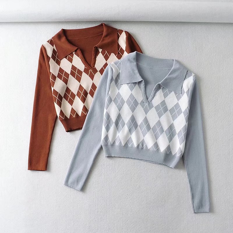 Women's Vintage Polo Neck Diamond Knit Sweatshirt