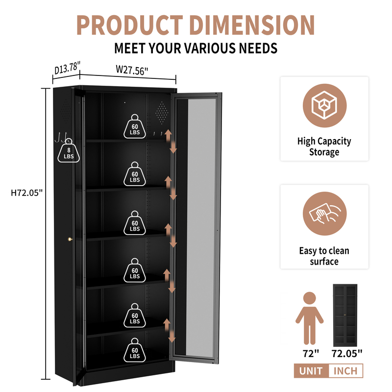 Metal Kitchen Pantry Cabinet - 72in Tall Storage W 5 Adjustable Shelves, Black Freestanding Unit For Kitchen Pantry & Living Room 5