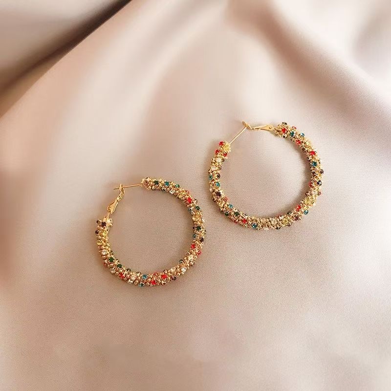 Full Diamond Woven Hoop Earrings, Boho Glittering Rhinestone Circle Earrings, Light Luxury Colorful Leopard Print Jewelry
