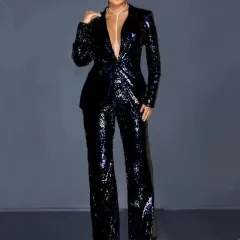 Slim-fit Sequined Suit Top And Trousers Women's Suit - Black - View 1