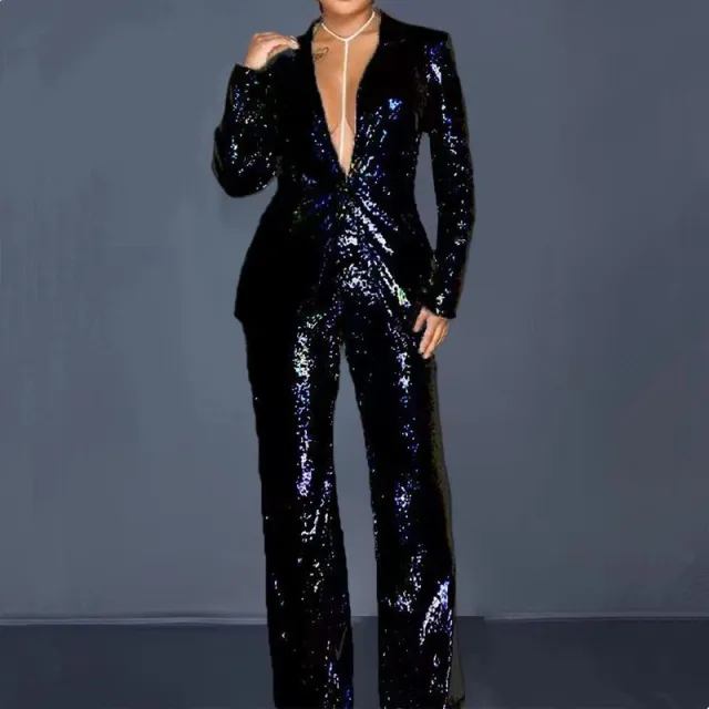 Slim fit Sequined Suit Top And Trousers Women's Suit Black - Shop at LoveMi