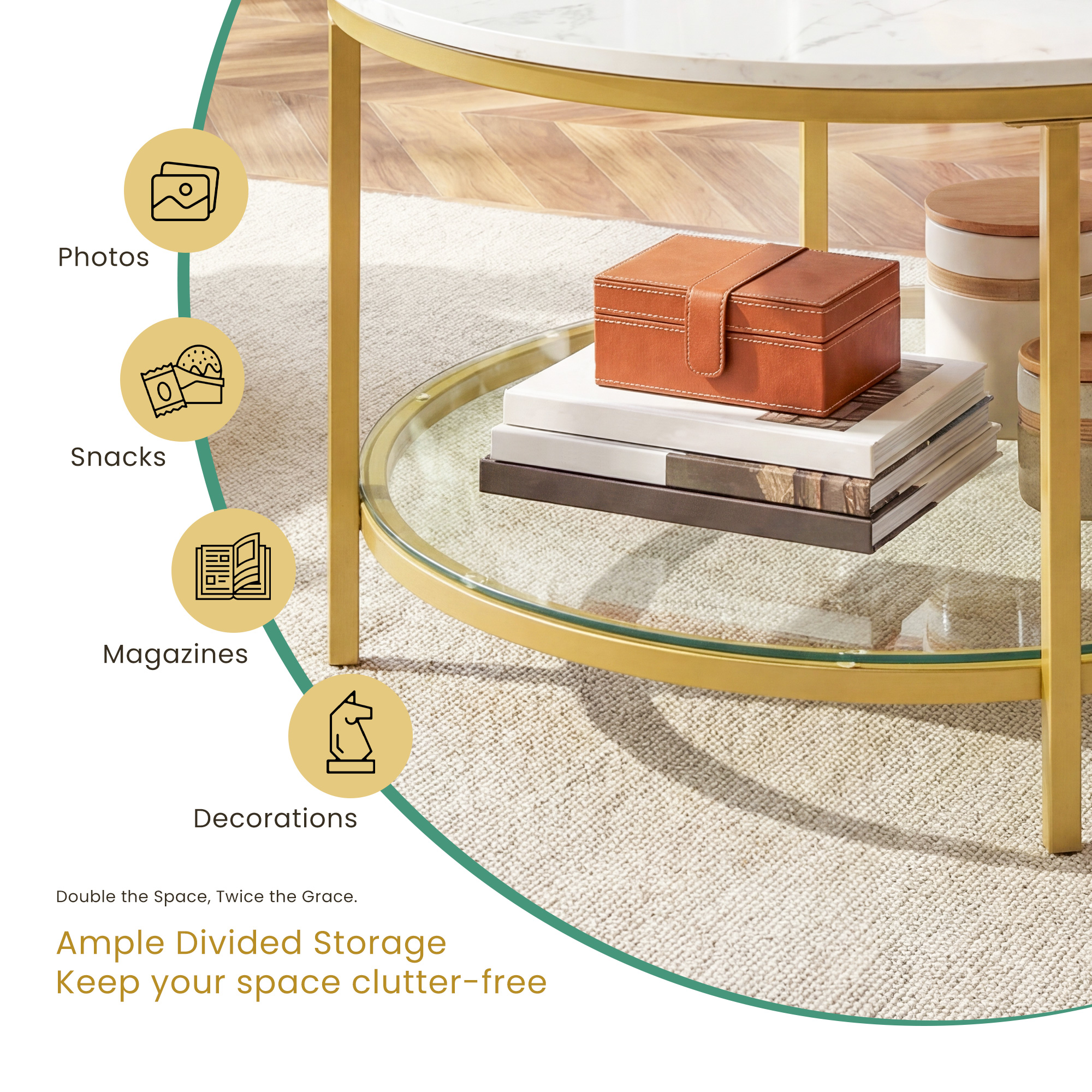 The Living Room Features A Marble Circular Glass Coffee Table, And A Double-layer Circular Transparent Coffee Table With Storage Function.