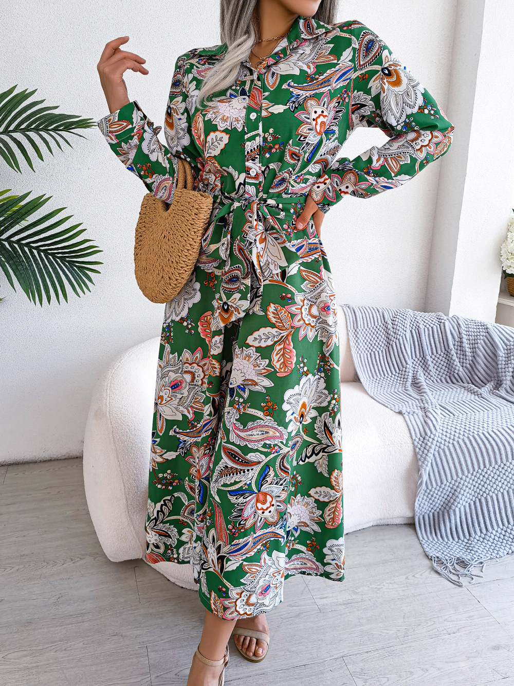 Women  Vintage Floral Print Lapel Tie Waist Shirt Maxi Dress