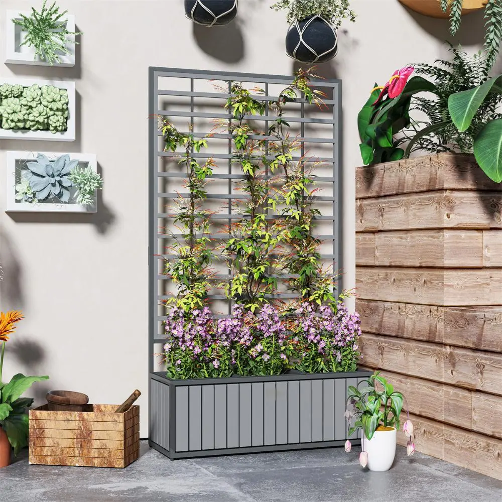 Wooden Raised Garden Bed With Trellis, Removable Pots-Gray
