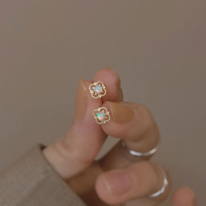 S925 Sterling Silver French Openwork Lace Opal Earrings