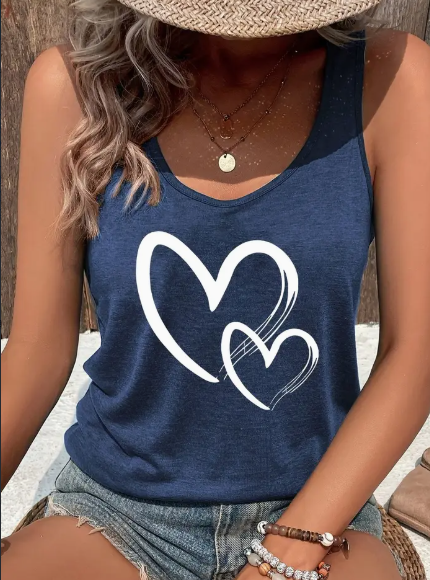 Hearts Print Crew Neck Tank Top, Casual Sleeveless Tank Top For Summer, Women's Clothing Navy Blue - Shop at LoveMi