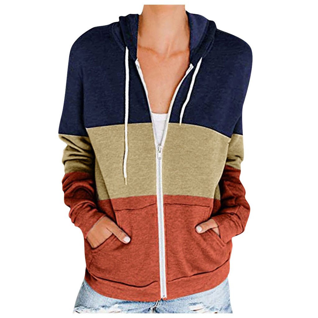 Autumn And Winter New Style European And American Long sleeved Contrast Color Hooded Sweater Women Zipper Pocket Cardigan Jacket Orange - Shop at LoveMi