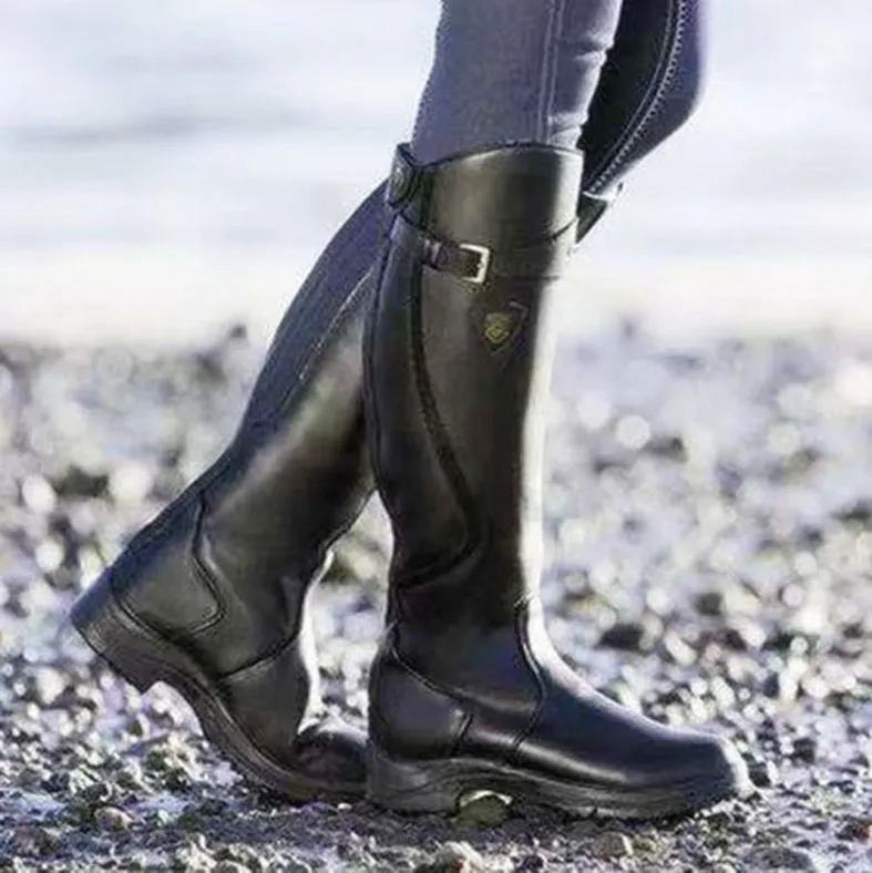 Classic Fashion Riding Western Boots Winter Knee Buckle Boots High Block Heel Round Toe Shoes For Women - Black