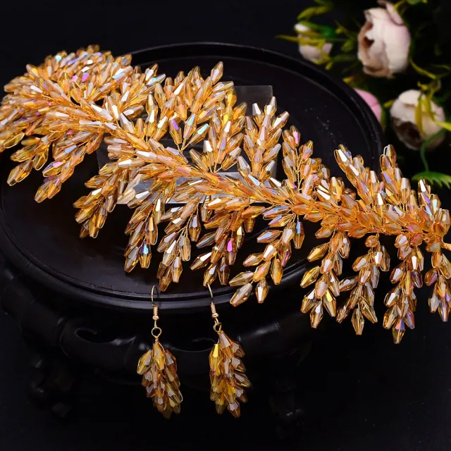 New European And American Hairband Bridal Headdress Crystal Jewelry Gold Headdress Earrings - Shop at LoveMi