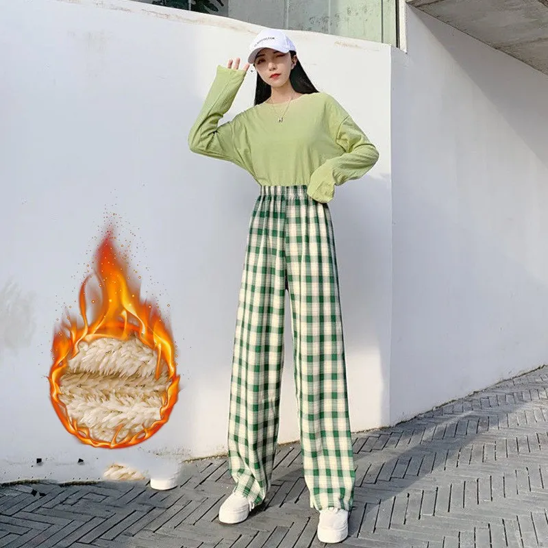 Autumn And Winter Padded Thickening High Waist Thin Drape Straight Casual Wide Leg Dragging Pants - Green Plaid