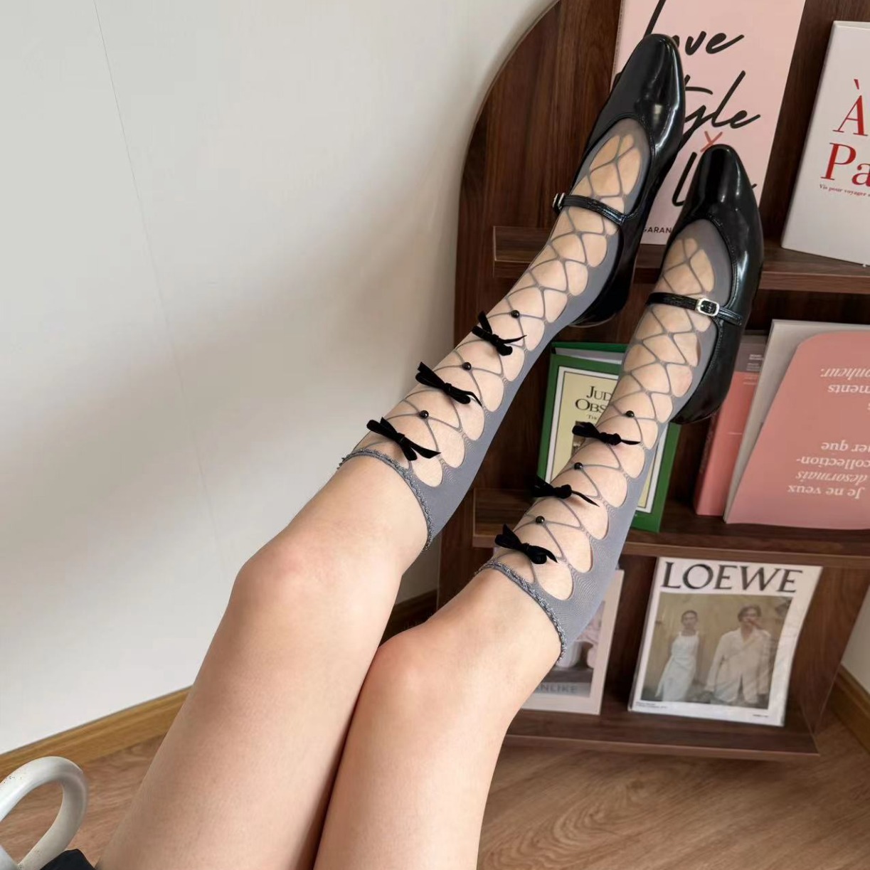 Women's Coquette Mesh Socks, White Sheer Hollow Out Calf Socks With Black Bow, Cute Lace Trim Socks For Balletcore & Daily Wear