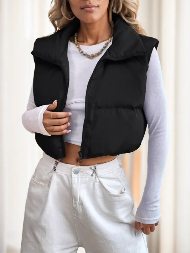 Zipper Front Casual Vest Khaki Winter Coat Black - Shop at LoveMi