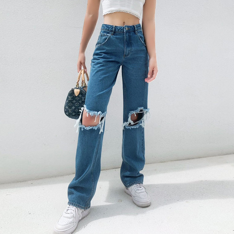 European And American Trend New High waisted Loose Hole Wide leg Women's Jeans Navy - Shop at LoveMi